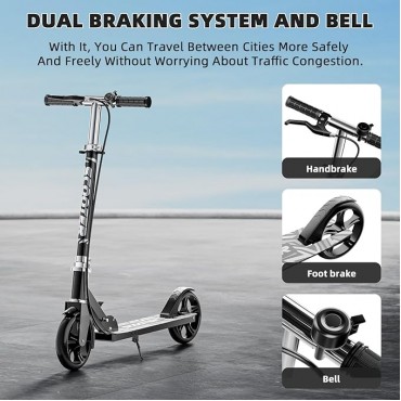 Scooters for Kids 8-12, Teens & Adults - Lightweight, Foldable, 8-Inch Big Wheels, Hand Brake & Bell, 4 Adjustable Height Levels, 240 lbs Max Load, Perfect for School, Campus and Park Rides